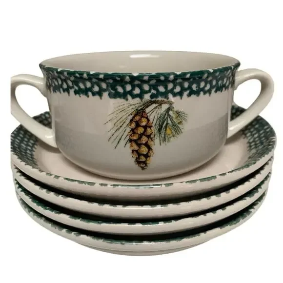 VTG Thomson Stoneware Green Sponge Pinecone Handled Soup Bowls & Plates Set of 4 - Picture 2 of 7